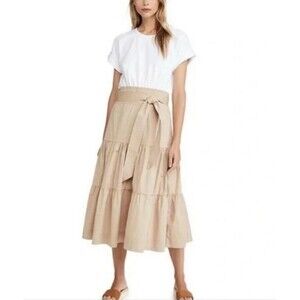 Veronica Beard Austyn Belted Midi Dress  XSmall White/ Tan Cotton $328